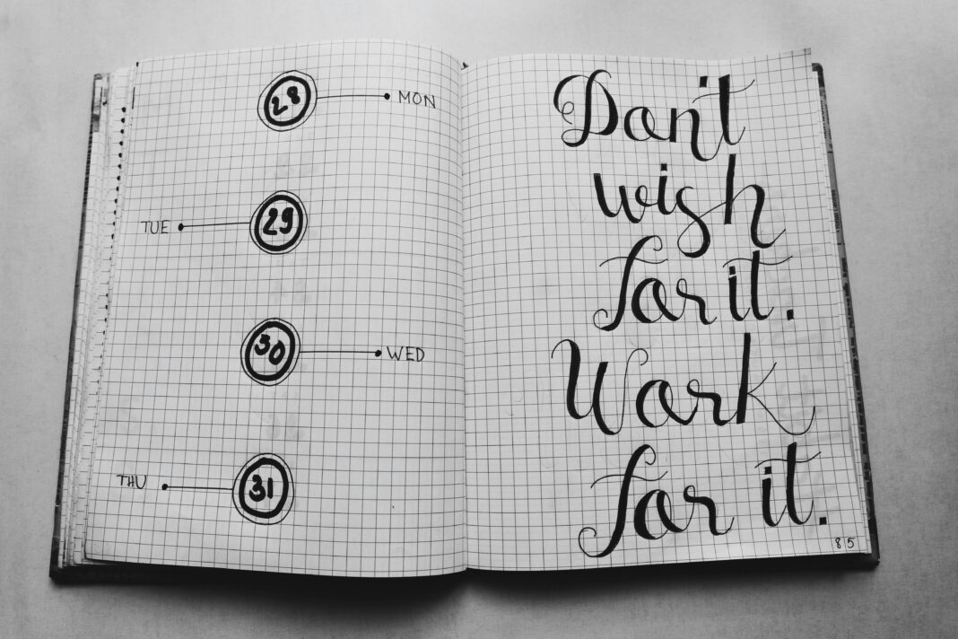 Open planner notebook with motivational quote in artistic handwriting. Organized layout, perfect for goal setting.